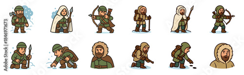 Collection of cartoon winter hunter characters in various poses for a role-playing game, including an archer, tracker, and warrior with an axe, spear, and bow in a snowy setting