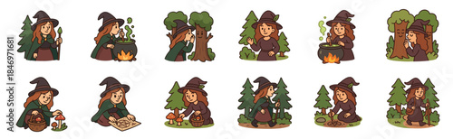 Collection of cute cartoon witch character illustrations showing her brewing potions in a cauldron, picking mushrooms in the forest, drawing a magic pentagram, and walking with a staff