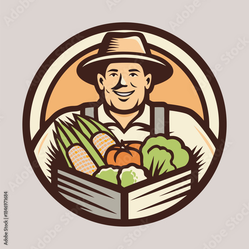 Smiling farmer in a circle holds a box brimming with freshly harvested corn and vegetables