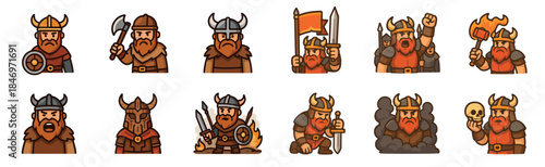 Collection of cartoon Viking warrior characters with red beards and horned helmets, shown in various poses holding weapons like swords, axes, shields, and a flaming hammer