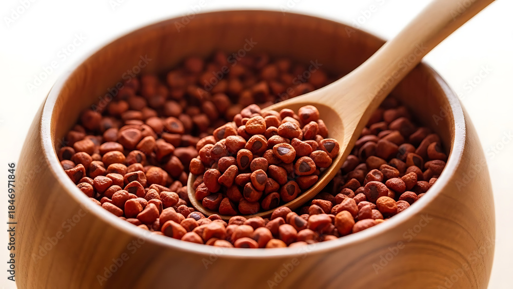 Fototapeta premium Red Seeds in Wooden Bowl with Spoon