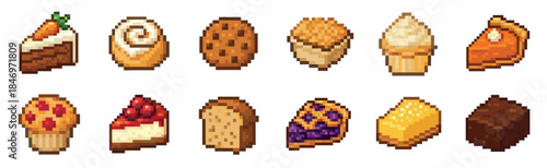 Collection of pixel art food icons featuring various desserts and baked goods like cake, pie, cookies, and muffins in a retro 8-bit video game style illustration set