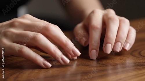Close Up of Perfectly Manicured Female Hands with Nude Polish Resting on a Rich Brown Wooden Surface with Soft Natural Lighting Creating a Serene and Elegant Atmosphere