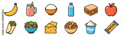 Collection of healthy food and drink icons featuring a banana, smoothie, rice, water, sandwich, apple, burrito, salad, cheese, nuts, yogurt, and a protein bar in a cute cartoon style