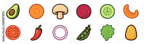 Collection of colorful food ingredient icons with bold outlines representing healthy eating and cooking concepts, including avocado, carrot, mushroom, beet, cucumber, tomato, and chili pepper