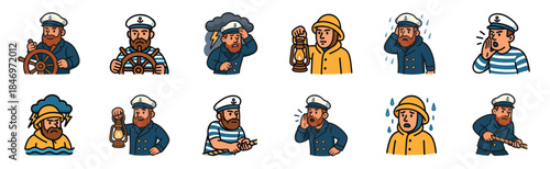 Cartoon sailor character illustration set showing a bearded captain and mariners in various poses and emotions, from steering a ship's wheel to facing a stormy sea