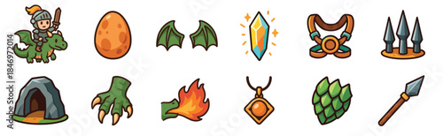 Collection of cute fantasy game icons showing a knight riding a dragon, an egg, wings, a magic crystal, a cave, fire breath, and various medieval adventure items