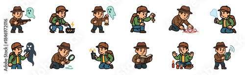 Set of paranormal investigator cartoon characters in various poses for ghost hunting, using equipment like a trap, crucifix, and detector in a cute, simple vector art style