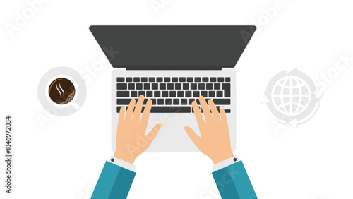 Person typing on a laptop with a cup of coffee and a global network icon, representing modern work and connectivity.