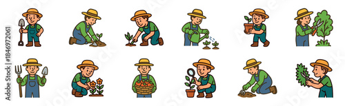 Collection of cartoon farmer and gardener illustrations showing the process of planting, growing, and harvesting crops, including watering, pruning, and inspecting plants