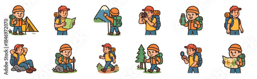 Set of cute cartoon hiker character illustrations showing various outdoor activities like camping, trekking, navigating with a map and compass, and taking photos in nature
