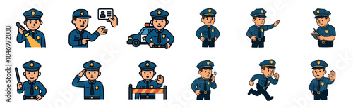 Set of cartoon police officer characters in various action poses performing their duties, such as patrolling, directing traffic, saluting, and running, in a friendly flat vector style