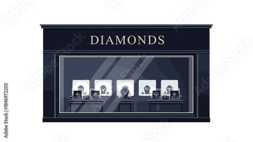 Elegant jewelry display showcases sparkling diamond necklaces, rings, and earrings in a luxurious storefront window setting.