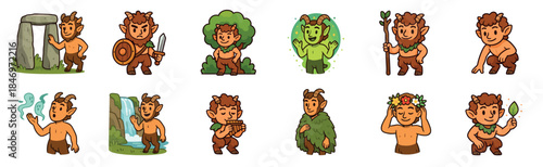 Diverse set of cartoon faun or satyr characters in various fantasy poses, showing the mythical creature as a warrior, musician, and nature spirit in a cute sticker collection