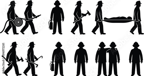 Firefighter silhouette action set, rescue emergency response poses, fireman equipment and teamwork scenes, black uniform figures isolated illustration