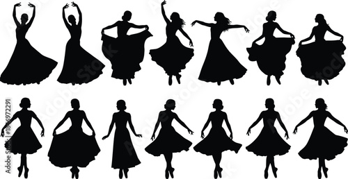 Flamenco dancer silhouettes collection isolated on white background, elegant women performing traditional Spanish dance poses for art, culture illustration projects