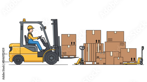 A forklift operator carefully lifts a pallet of cardboard boxes with a pallet jack in a warehouse setting.