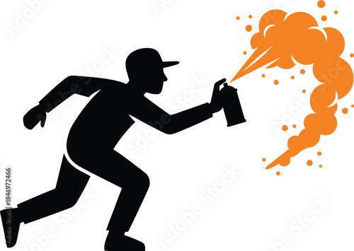 Graffiti artist silhouette with spray paint can, street art action scene, urban vandal concept, black figure with orange paint splash