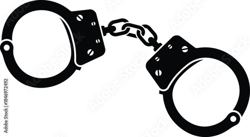 Handcuffs silhouette illustration, police restraint equipment symbol, black metal shackles vector icon representing law enforcement isolated on white background