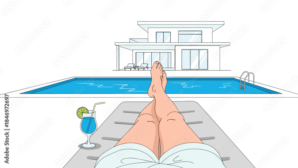 Obraz premium Relaxing poolside with a refreshing blue cocktail and modern villa in the background evokes a sense of luxurious summer vacation.
