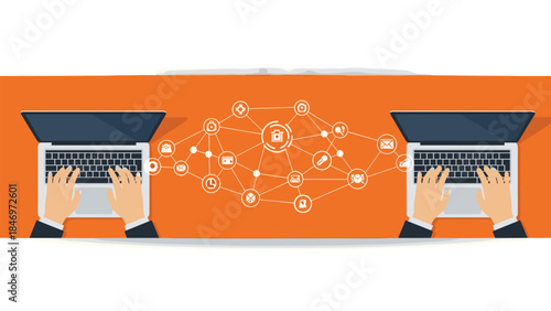 Two people are collaborating remotely using laptops, connected by a network of digital icons representing data exchange and communication.