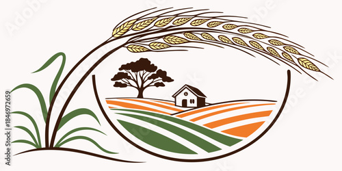 Rural Farm Landscape with Wheat Grain Frame