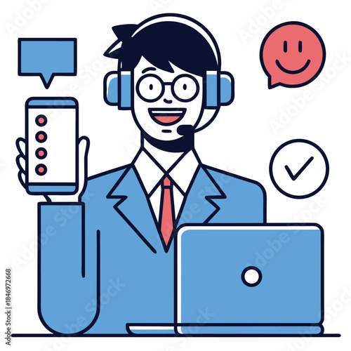 Smiling cartoon man with glasses uses headset, holds phone, sits by laptop