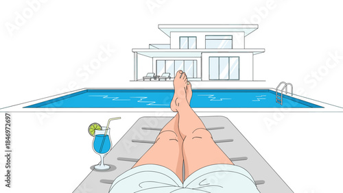 Relaxing poolside with a refreshing blue cocktail and modern villa in the background evokes a sense of luxurious summer vacation.