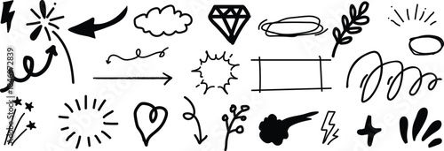 Collection of hand drawn black and white doodle icons