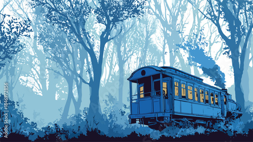 Blue Train Journey Through Forest Vector Illustration with Outline