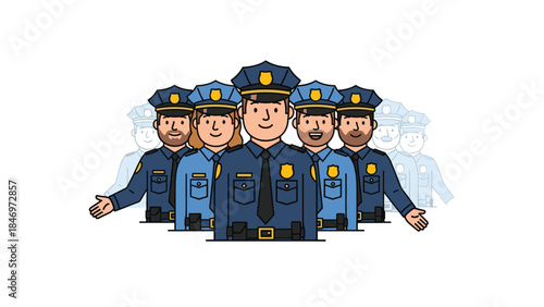 Diverse group of police officers stand together in uniform, representing law enforcement and community protection.