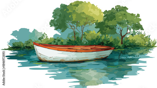 Boat in Water with Background Trees, Tranquil Nature Scene Vector Illustration