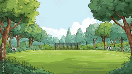 Lush Cartoon Soccer Field with Trees and Players Illustration