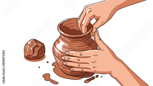Hands shaping a clay pot on a white background, demonstrating the art of pottery and ceramic creation.