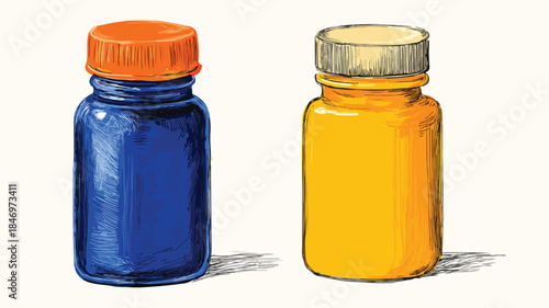 Vibrant Blue Bottle with Orange and Yellow Caps Vector Illustration