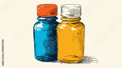 Vibrant Blue Bottle with Orange and Yellow Caps Vector Illustration