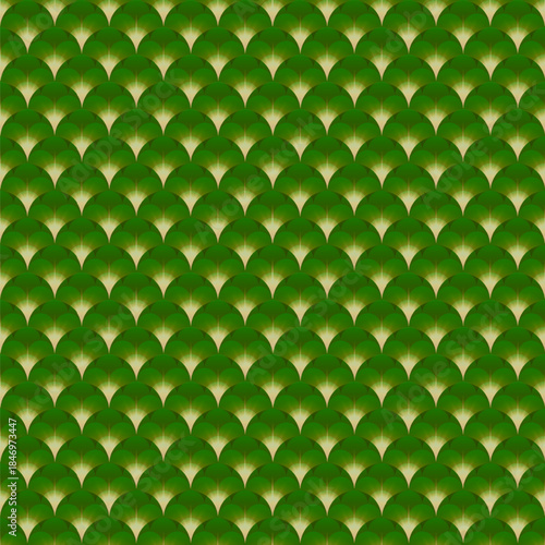 Seamless abstract green pattern of spheres and hemispheres with light flares and rays. Vector illustration.