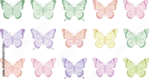 Set of 15 Pastel Butterfly Illustrations in Soft Tones of Green, Purple, Pink, Yellow, and Peach, representing Spring, Nature, Innocence, and Delicate Beauty, flat vector illustration