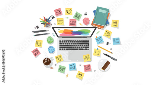 Creative workspace featuring a laptop surrounded by colorful sticky notes, stationery, and a steaming cup of coffee, illustrating a busy work process.