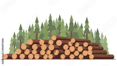Freshly cut logs are neatly stacked in front of a dense evergreen forest, representing lumber and forestry resources.