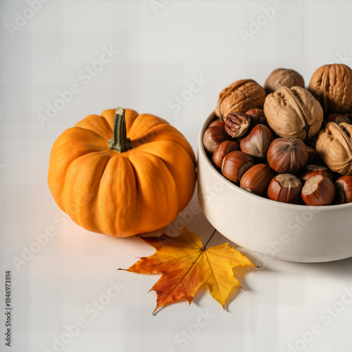 Wallpaper Mural "Autumn Still Life with Small Pumpkin, Mixed Nuts Bowl and Maple Leaf on White Table — Harvest Snack and Fall Mood" Torontodigital.ca