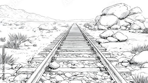 Detailed Railroad Track Drawing with Rock Background