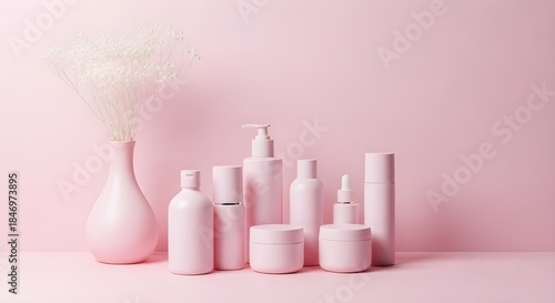 Pink beauty products and cosmetics on a pink background © Fammi Begum