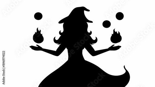 Elegant Witch Silhouette Mystically Controlling Floating Fire Orbs, Representing Dark Magic and Supernatural Power.