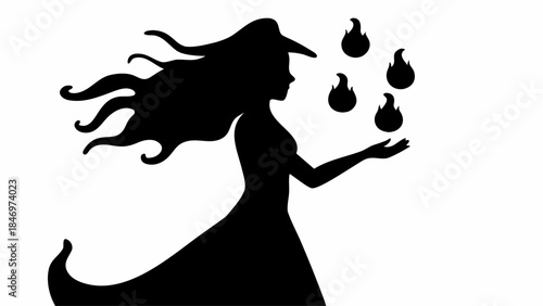 Elegant Witch Silhouette Mystically Controlling Floating Fire Orbs, Representing Dark Magic and Supernatural Power.