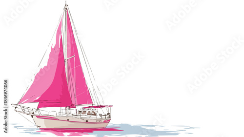 Sailboat with Pink Sail Vector: Nautical Illustration with Outline Design