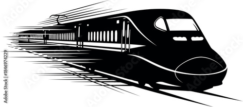A silhouette of a modern train speeding along the tracks in a dynamic motion silhouette