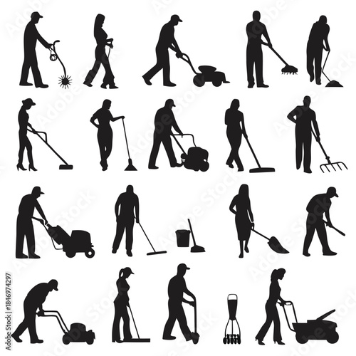 Several people maintain property using various tools like rakes, mowers, and sweepers in silhouette
