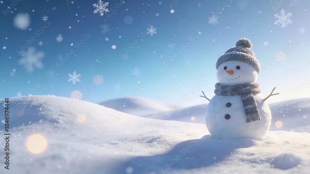 Fototapeta premium A snowman stands alone in a serene winter landscape