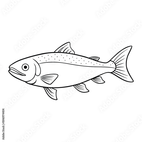 Detailed salmon coloring page featuring a graceful fish with flowing fins, textured scales, and gentle river waves. Clean outlines inspire creativity, perfect for kids and adults to color.
